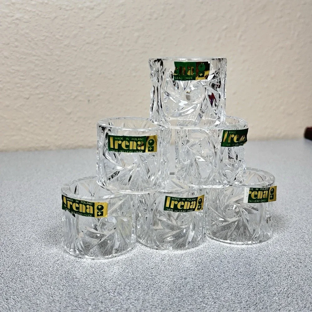 Set Of 6 Irena Crystal Napkin Holder Ring Pinwheel Starburst Poland Tablescape